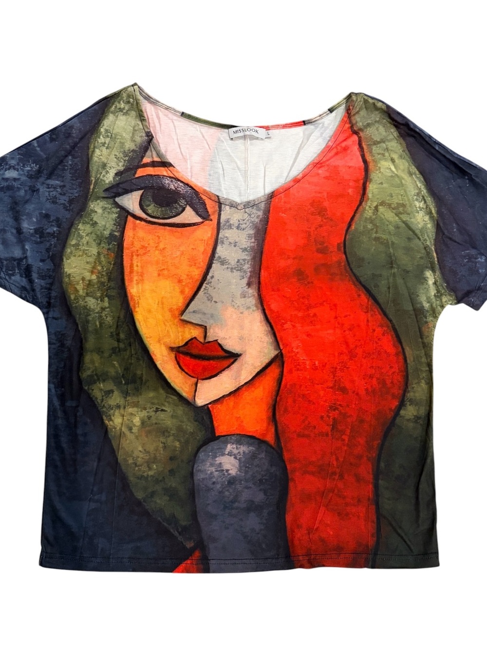 MISSLOOK Women's Multicolor Artistic Face Print Short Sleeve Top